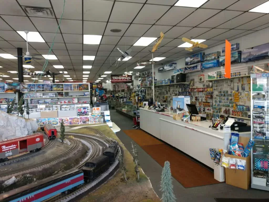 hobby shop interior with diecast models